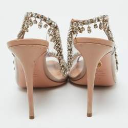 Aquazzura Beige Leather and PVC Crystal Temptation Slingback Sandals Size 41