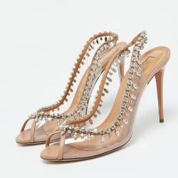 Aquazzura Beige Leather and PVC Crystal Temptation Slingback Sandals Size 41