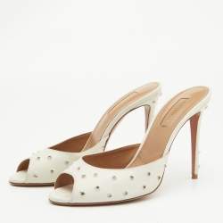 Pre Owned Aquazzura White Leather Crystal Studded Slide Sandals Size 38