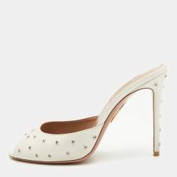 Pre Owned Aquazzura White Leather Crystal Studded Slide Sandals Size 38
