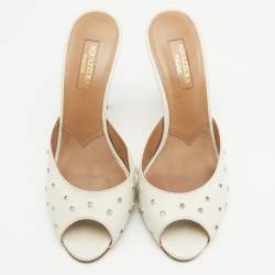 Pre Owned Aquazzura White Leather Crystal Studded Slide Sandals Size 38