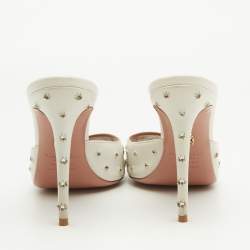 Pre Owned Aquazzura White Leather Crystal Studded Slide Sandals Size 38