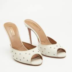 Pre Owned Aquazzura White Leather Crystal Studded Slide Sandals Size 38