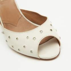 Pre Owned Aquazzura White Leather Crystal Studded Slide Sandals Size 38