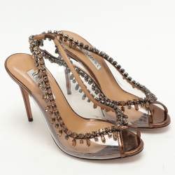 Pre Owned Aquazzura Brown Foil Leather and PVC Temptation Slingback Sandals Size 37.5