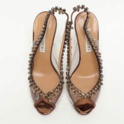 Pre Owned Aquazzura Brown Foil Leather and PVC Temptation Slingback Sandals Size 37.5