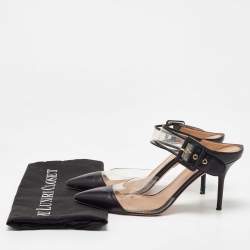 Pre Owned Aquazzura Black Leather and PVC Optic Buckle Pointed Toe Mules Size 39