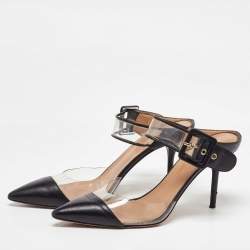 Pre Owned Aquazzura Black Leather and PVC Optic Buckle Pointed Toe Mules Size 39