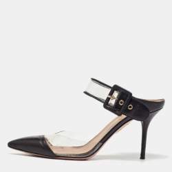 Pre Owned Aquazzura Black Leather and PVC Optic Buckle Pointed Toe Mules Size 39