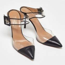 Pre Owned Aquazzura Black Leather and PVC Optic Buckle Pointed Toe Mules Size 39