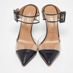 Pre Owned Aquazzura Black Leather and PVC Optic Buckle Pointed Toe Mules Size 39