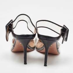 Pre Owned Aquazzura Black Leather and PVC Optic Buckle Pointed Toe Mules Size 39