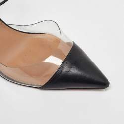 Pre Owned Aquazzura Black Leather and PVC Optic Buckle Pointed Toe Mules Size 39