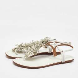 Pre Owned Aquazzura White Leather Fringe Trim Accent Flat Sandals Size 38