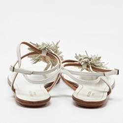 Pre Owned Aquazzura White Leather Fringe Trim Accent Flat Sandals Size 38