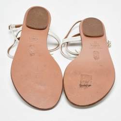 Pre Owned Aquazzura White Leather Fringe Trim Accent Flat Sandals Size 38