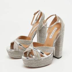 Pre Owned Aquazzura Silver Leather Crystal Embellished Sundance Sandals Size 37.5