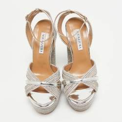 Pre Owned Aquazzura Silver Leather Crystal Embellished Sundance Sandals Size 37.5