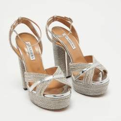 Pre Owned Aquazzura Silver Leather Crystal Embellished Sundance Sandals Size 37.5