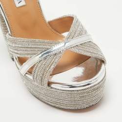 Pre Owned Aquazzura Silver Leather Crystal Embellished Sundance Sandals Size 37.5