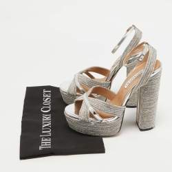 Pre Owned Aquazzura Silver Leather Crystal Embellished Sundance Sandals Size 37.5