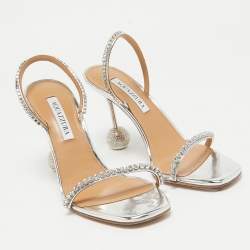 Aquazzura Silver Leather Crystal Embellished Yes Darling Slingback Sandals Size 38