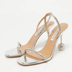 Aquazzura Silver Leather Crystal Embellished Yes Darling Slingback Sandals Size 38