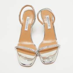 Aquazzura Silver Leather Crystal Embellished Yes Darling Slingback Sandals Size 38