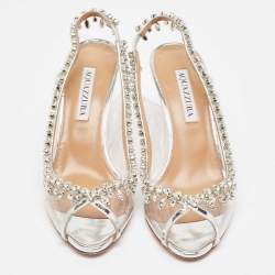 Aquazzura Silver Leather and PVC Temptation Slingback Pumps Size 37