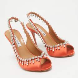 Aquazzura Orange Satin Crystal Embellished Temptation Peep Toe Pumps Size 37