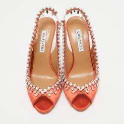 Aquazzura Orange Satin Crystal Embellished Temptation Peep Toe Pumps Size 37