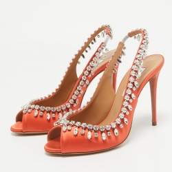 Aquazzura Orange Satin Crystal Embellished Temptation Peep Toe Pumps Size 37