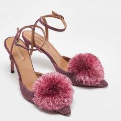 Pre Owned Aquazzura Metallic Pink Lurex Fabric Powder Puff Ankle Strap Sandals Size 39