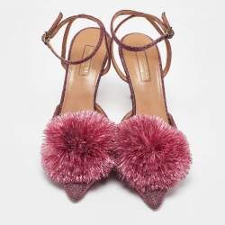 Pre Owned Aquazzura Metallic Pink Lurex Fabric Powder Puff Ankle Strap Sandals Size 39