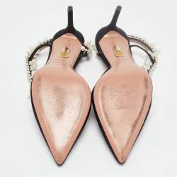 Pre Owned Aquazzura Black Fabric Crystal Embellished Slingback Pumps Size 37