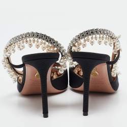 Pre Owned Aquazzura Black Fabric Crystal Embellished Slingback Pumps Size 37