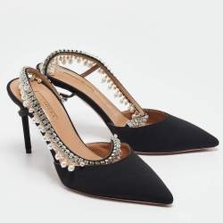 Pre Owned Aquazzura Black Fabric Crystal Embellished Slingback Pumps Size 37