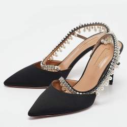 Pre Owned Aquazzura Black Fabric Crystal Embellished Slingback Pumps Size 37