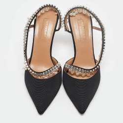 Pre Owned Aquazzura Black Fabric Crystal Embellished Slingback Pumps Size 37