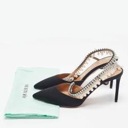 Pre Owned Aquazzura Black Fabric Crystal Embellished Slingback Pumps Size 37