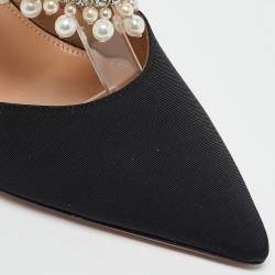 Pre Owned Aquazzura Black Fabric Crystal Embellished Slingback Pumps Size 37