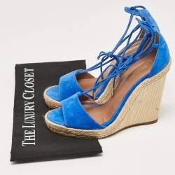 Aquazzura Blue Suede Ankle Tie Wedge Sandals Size 38