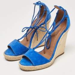 Aquazzura Blue Suede Ankle Tie Wedge Sandals Size 38
