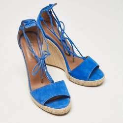 Aquazzura Blue Suede Ankle Tie Wedge Sandals Size 38