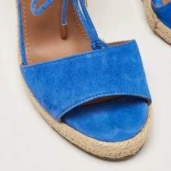Aquazzura Blue Suede Ankle Tie Wedge Sandals Size 38