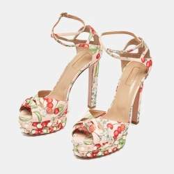 Aquazzura Multicolor Cherry Blossom Print Fabric Harlow Pearls Platform Sandals Size 39