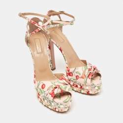 Aquazzura Multicolor Cherry Blossom Print Fabric Harlow Pearls Platform Sandals Size 39
