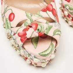 Aquazzura Multicolor Cherry Blossom Print Fabric Harlow Pearls Platform Sandals Size 39