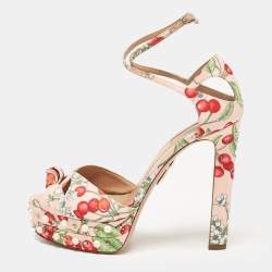 Aquazzura Multicolor Cherry Blossom Print Fabric Harlow Pearls Platform Sandals Size 39