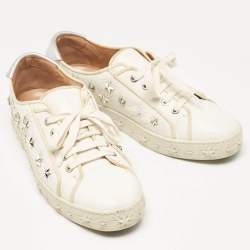 Pre Owned Aquazzura White/Silver Leather Cosmic Star-Stud Low Top Sneakers Size 40.5